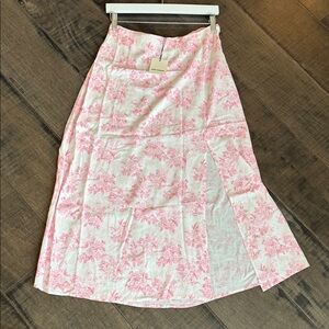 Pink Woman Elegant Floral A-Line Skirt in Pink and White size Large